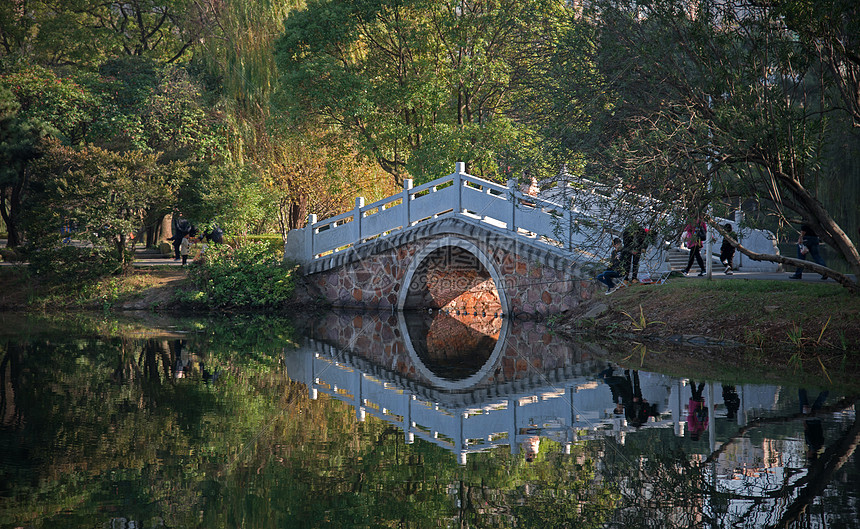 公园小桥倒影图片