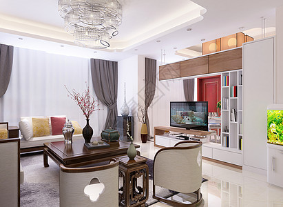 新中式客厅效果图二级吊高清图片素材