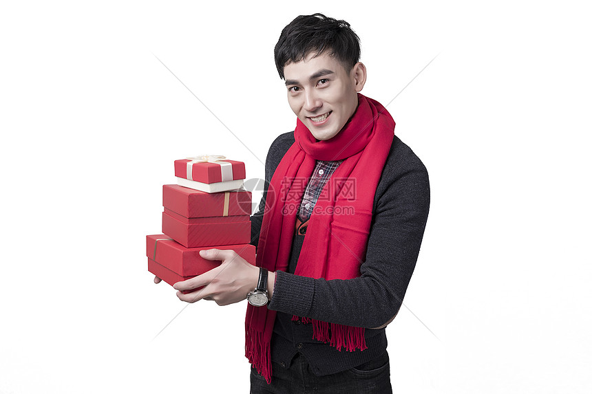 新年喜庆男士人像抱着礼物盒图片