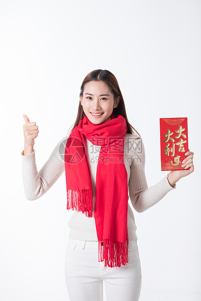 新年女性手拿红包图片