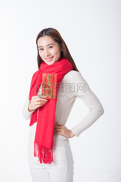 新年女性手拿红包图片