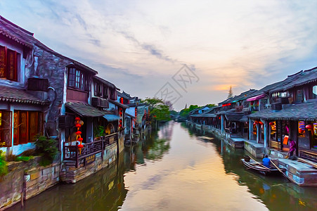 手绘山水江南水乡西塘油画背景背景