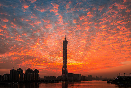 广州城市夜晚晚霞下的广州塔背景