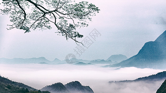 水村中国风水墨山水田园背景