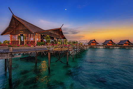 马来西亚日落海岛度假村水屋背景