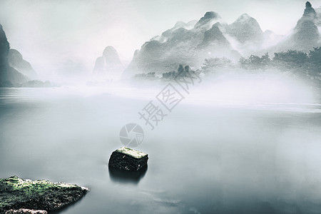 水墨石头中国风水墨山水田园风景背景