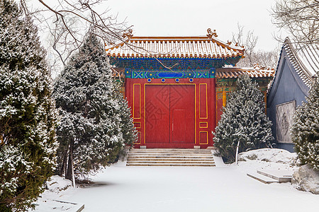 红色天北京四合院雪景背景