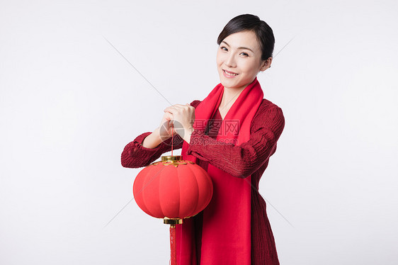 新春汉服美女手拿灯笼拜年