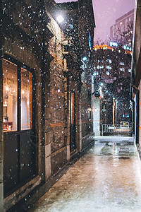 夜景雪景城市街道的雪景背景