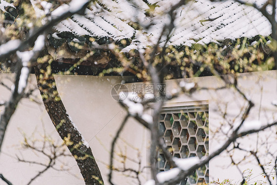 中式古典园林中的雪景图片