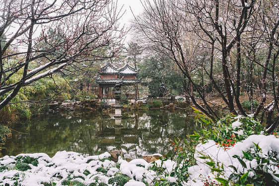 中式古典园林中的雪景图片