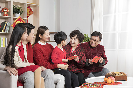 春节对联新年爷爷奶奶给孙子和孙女发红包背景