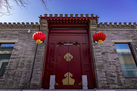 寺庙大门大红门的四合院背景