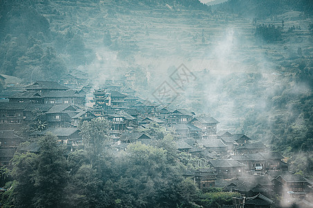 水墨古镇充满中国风意境的雾气照片背景