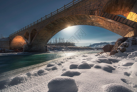 新疆蓝天黄金桥与翡翠溪背景