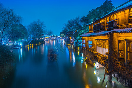 浙江乌镇雪后夜景图片