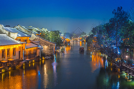 浙江乌镇雪后夜景图片