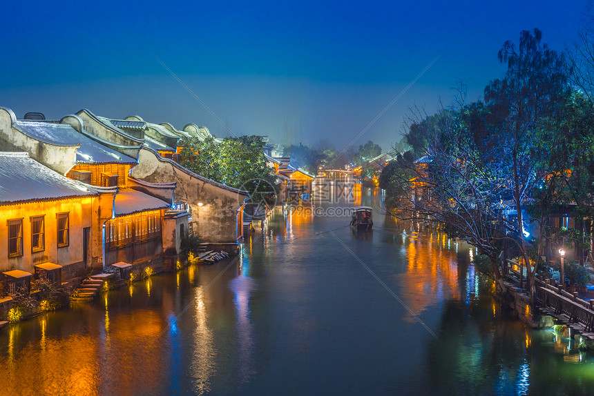 浙江乌镇雪后夜景图片