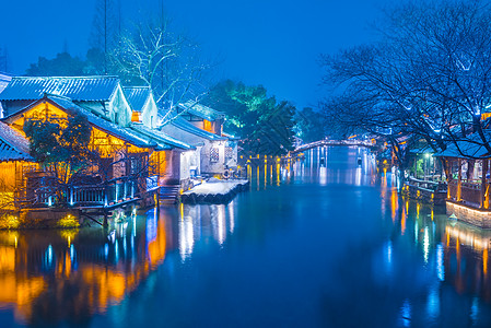 西栅景区浙江乌镇雪后夜景背景