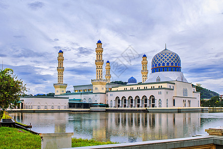 马来西亚景点建筑沙巴水上清真寺背景