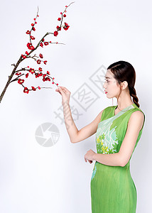 梅花树下身着绿色旗袍的美女图片