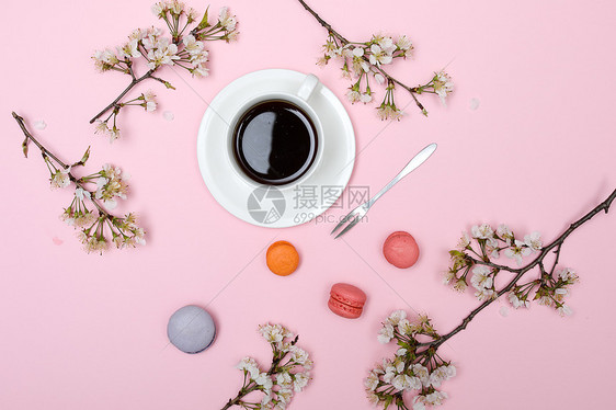 樱花和马卡龙的下午茶图片