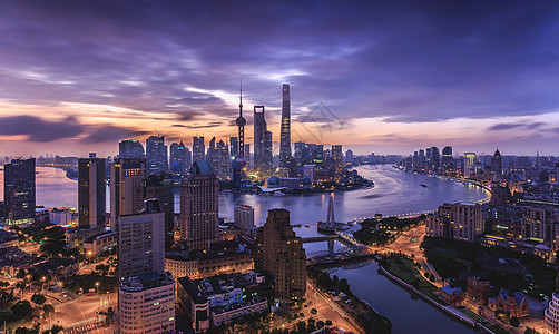 鸟瞰上海陆家嘴日出城市夜景高清图片素材