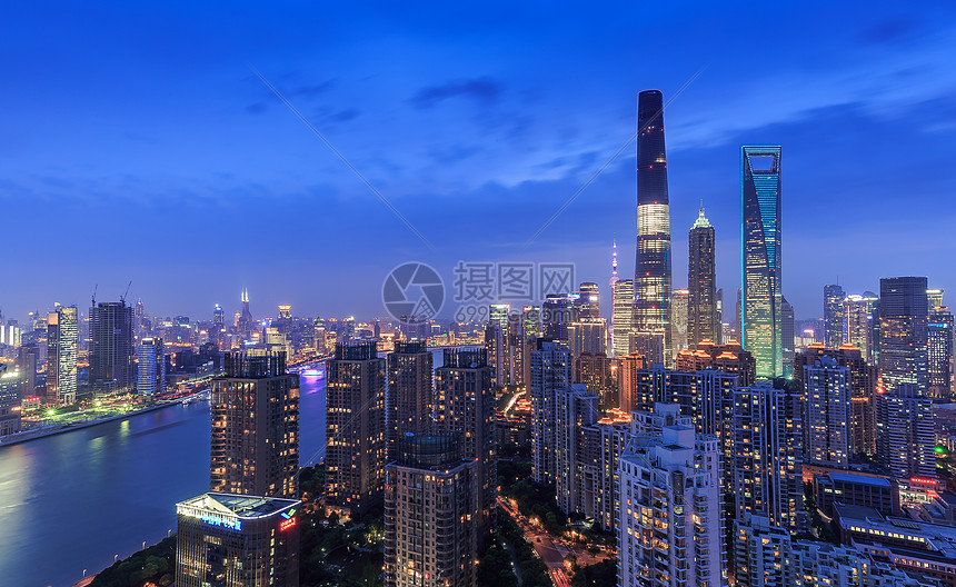 上海繁华的浦东新区日落夜景
