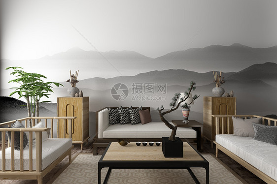 新中式客厅空间场景设计图片