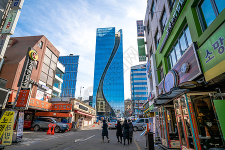 韩国首尔之夜韩国首尔江南区街景背景