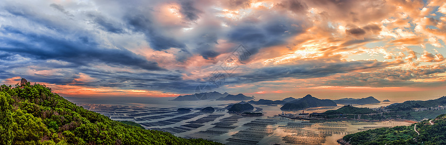 霞浦日出时分的海上花竹背景