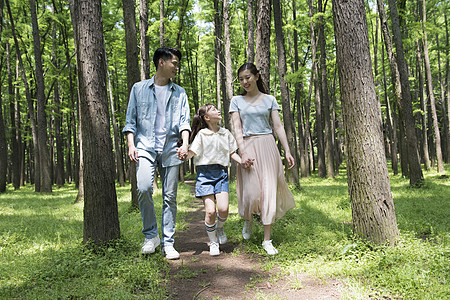 一家人在树林中散步背景