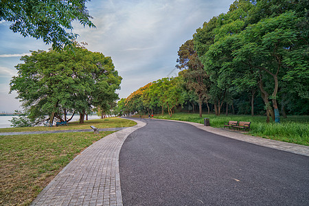 城市湖景小区湖边适合散步的道路背景