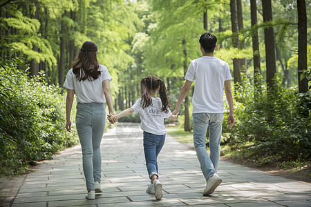 散步遛狗休闲一家人在森林公园郊游背景