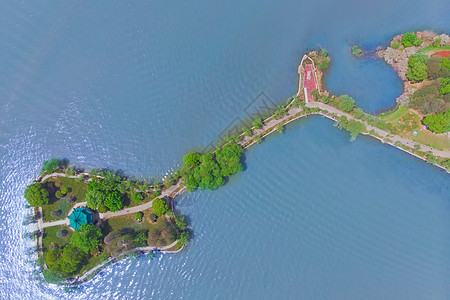 俯瞰武汉东湖吉他造型的湖心岛背景图片