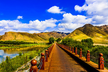 草原小路蓝天白云下的甘肃甘南夏河桑科草原背景