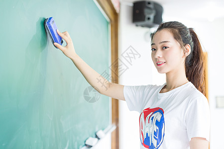 站在黑板前的女同学背景图片