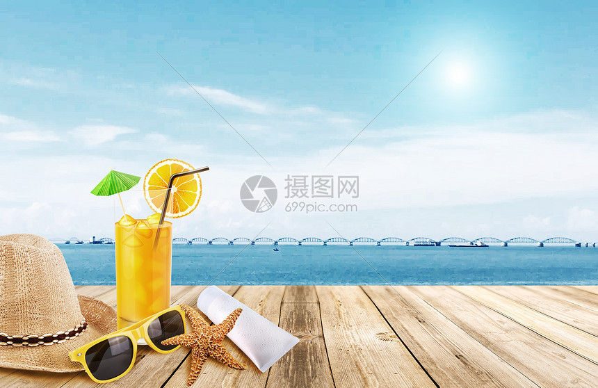 夏日海边冷饮背景图片
