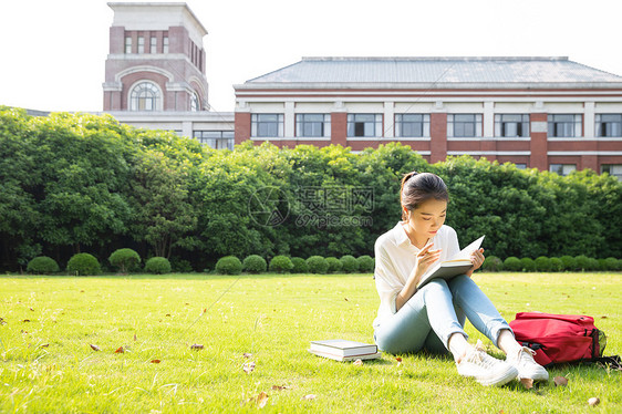 青春大学生草地上学习