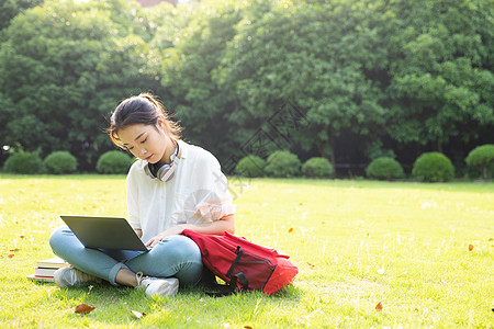 青春大学生草地上学习高清图片