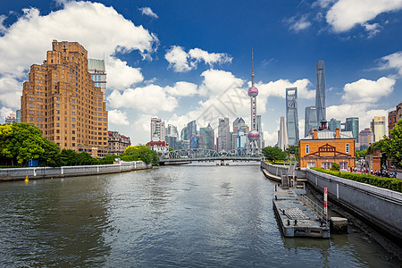 云水瑶土楼苏州河远望陆家嘴背景