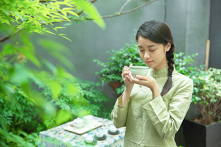 田螺姑娘品茶女生背景