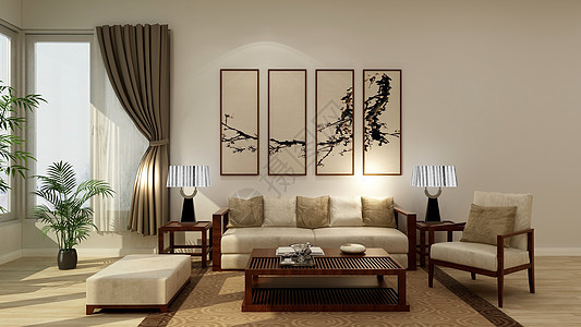 新中式室内背景效果图窗帘高清图片素材