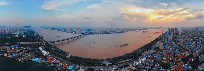 武汉鹦鹉洲长江大桥夕阳下武汉长江两岸风光全景长片背景