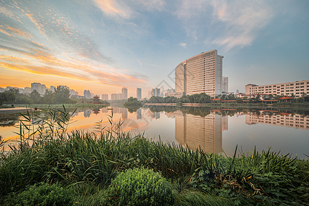 沂蒙生态绿色城市沂水湿地晨光背景