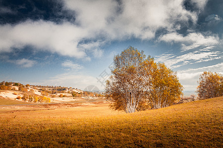 蓝天白云下秋季内蒙古坝上乌兰布统草场图片
