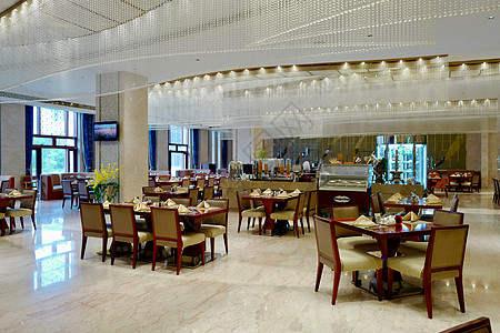 五星酒店的湖景早餐厅和美食高清图片