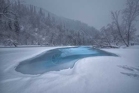 雪山中的蓝色湖泊图片