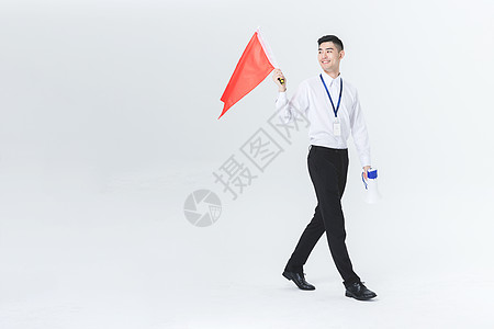 导游拿着小红旗男导游领队形象背景