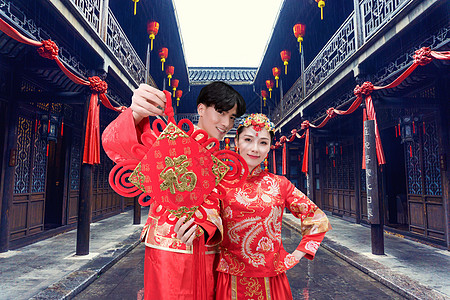 红色婚纱照中式婚纱照设计图片